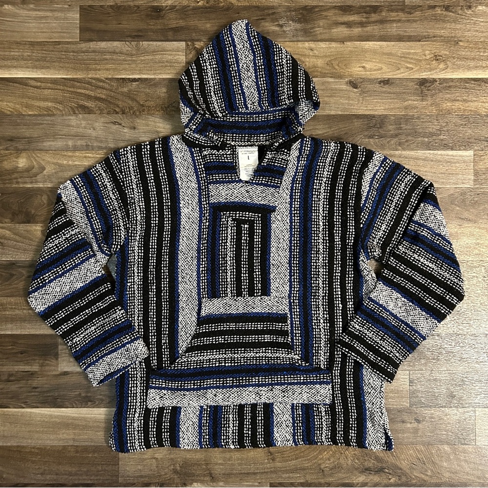 Freestyle Baja Hoodie Black Blue White Striped Pullover Sweater L